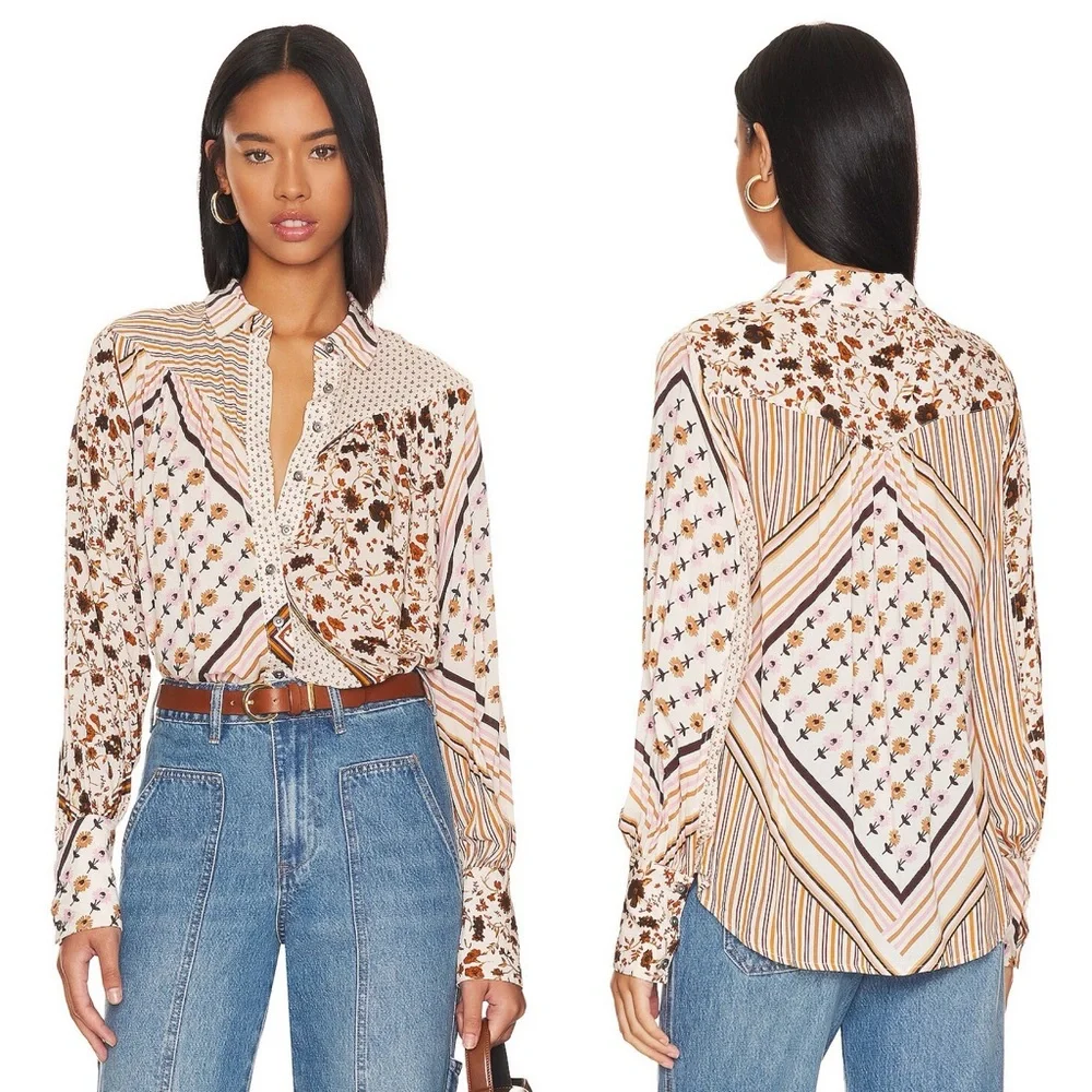 Free People Button Down Shirt M Long Sleeve Hazel Printed Blouse Top